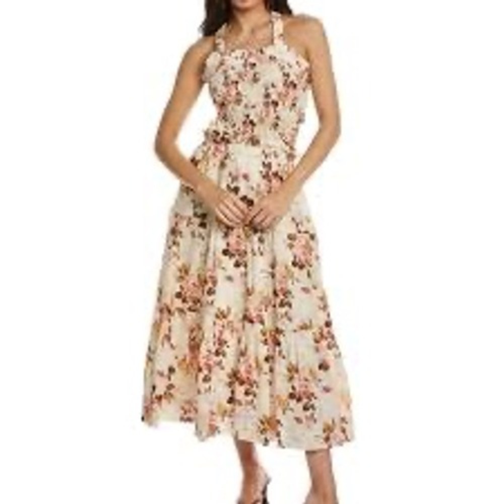 Sea New York Floral Smocked Tiered Midi Dress Cream Pink Yellow Size MEDIUM